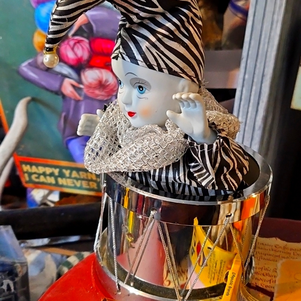 Porcelain Clown/ Jester In Drum Animated Music Box